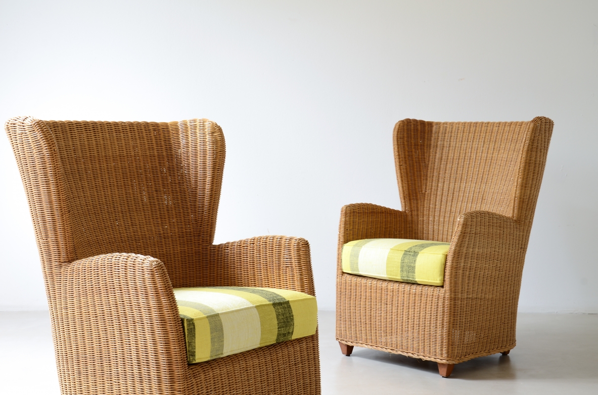 Due grandi poltrone  "Bergère" in rattan intrecciato 1960